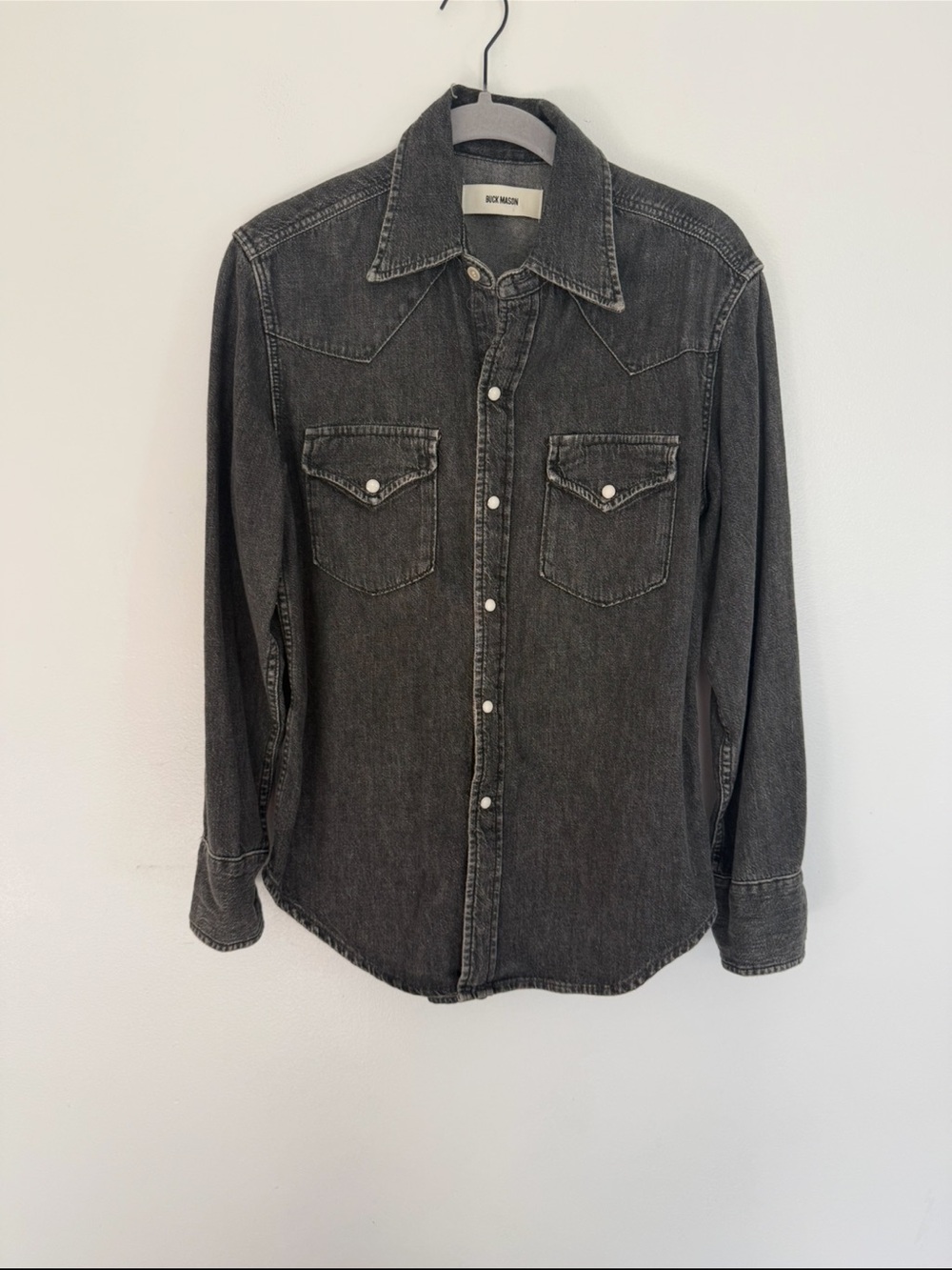 Buck Mason Button Down Nep Western Shirt in Black Washed Denim - Picture 4 of 8